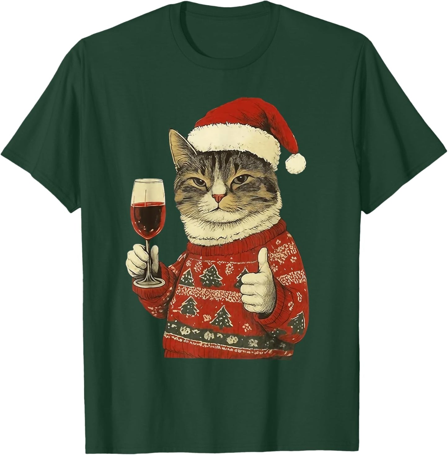 Christmas Cat Likes Cute Cat Drinking Wine with Santa Hat T-Shirt - T-Shirt | Forest