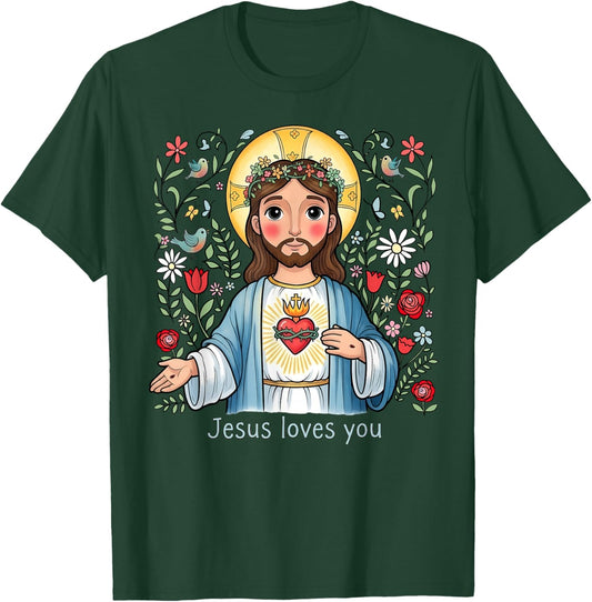 Christian Kids Jesus Loves You Catholic Heart Religious T-Shirt - T-Shirt | Forest