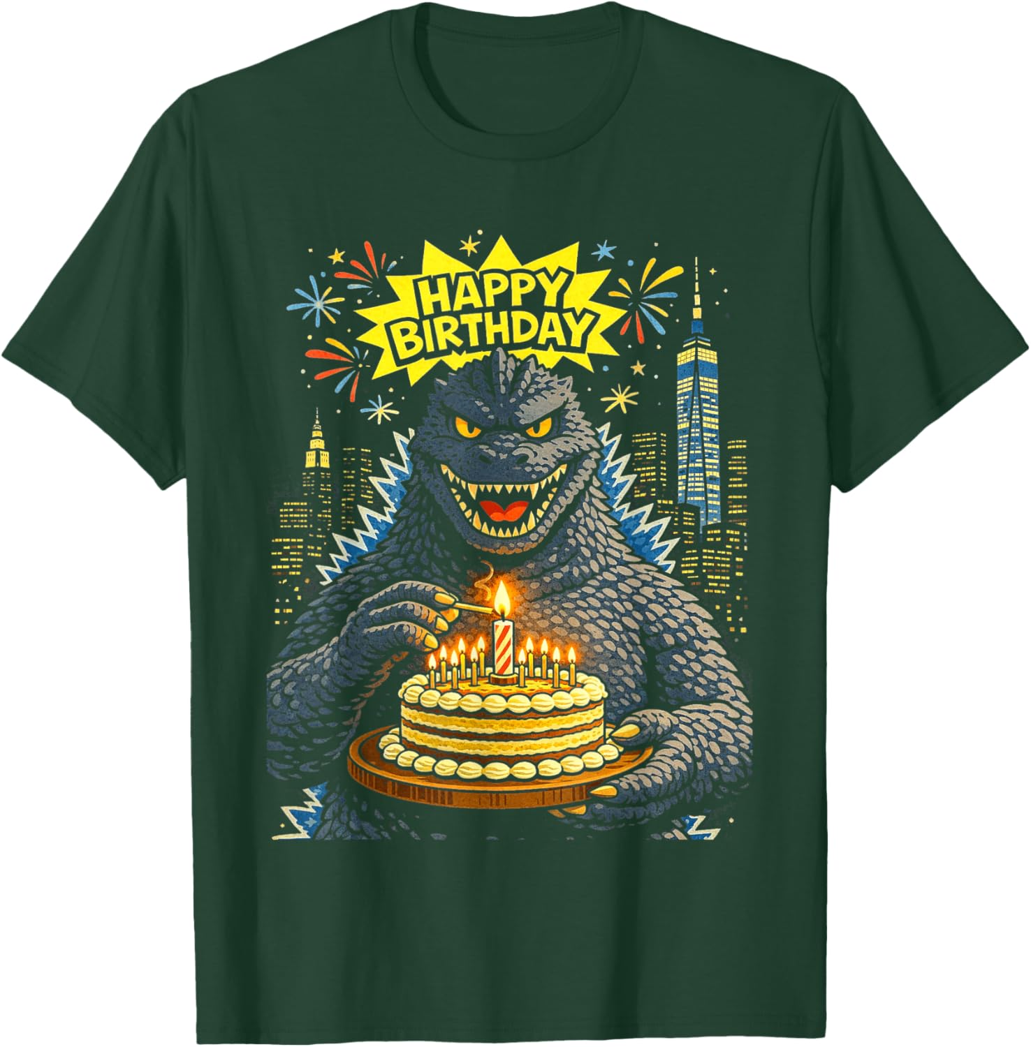 Kaiju Birthday Cake – City Fireworks Party T-Shirt - T-Shirt | Forest