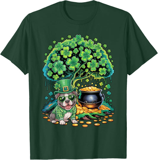 Shamrock Tree Leprechaun Hat Pitbull Dog St Patricks Day T-Shirt - T-Shirt | Forest