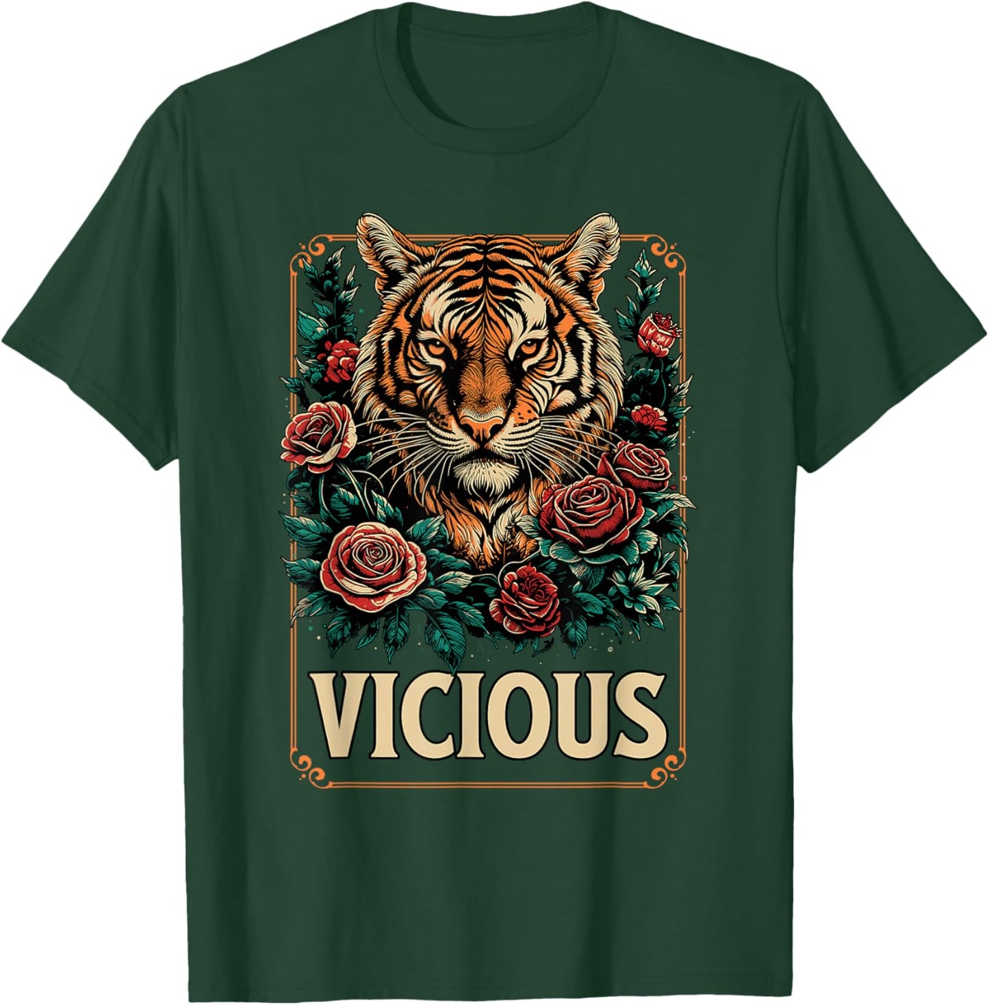 Vicious Tiger Floral Fierce Animal Strength Artwork T-Shirt - T-Shirt | Forest