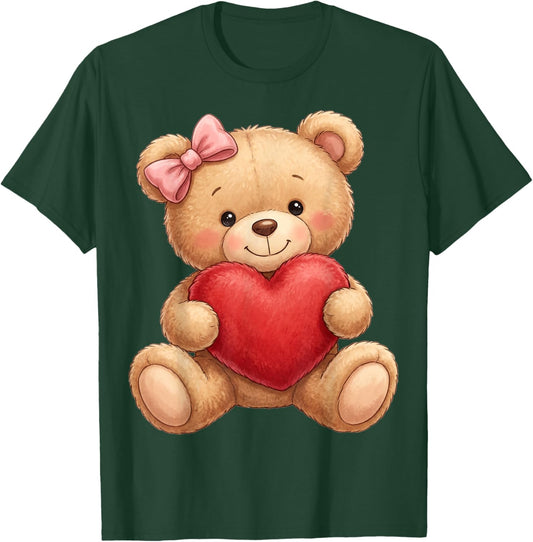 Cute Teddy Bear Women Valentines Shirt Girl Heart T-Shirt - T-Shirt | Forest