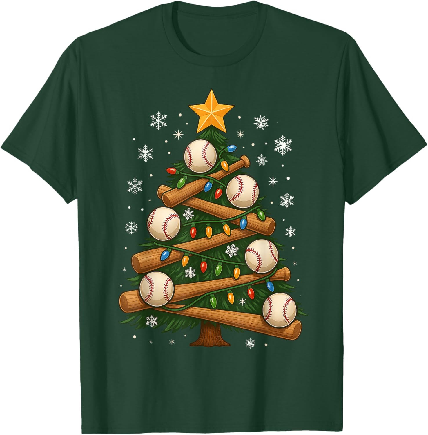 Baseball Bat Christmas Tree Lights Holiday Design Xmas Gifts T-Shirt - T-Shirt | Forest