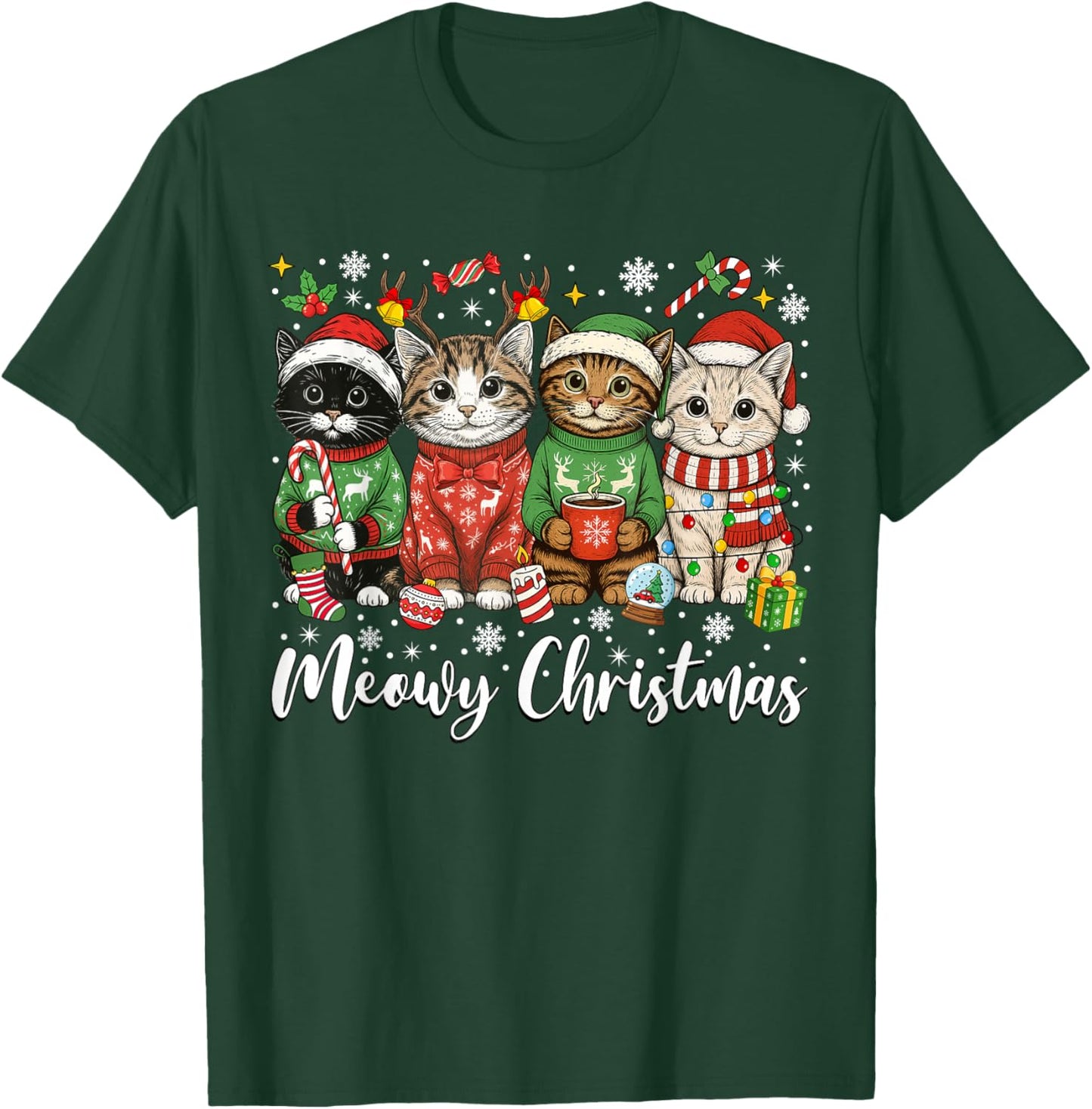 Cute Cats Meowy Christmas Light Santa Hat Merry Catmas Xmas T-Shirt - T-Shirt | Forest