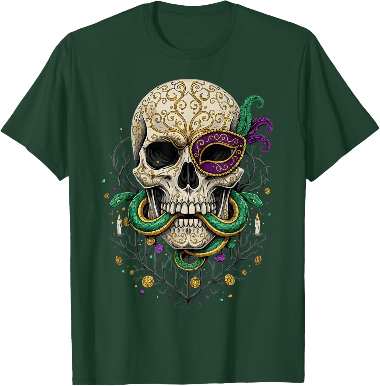 Mardi Gras Skull Snake Masquerade Carnival Party 2026 T-Shirt - T-Shirt | Forest