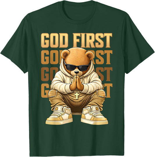 God First Hip Hop Teddy Bear Christian Streetwear Boys Teens T-Shirt - T-Shirt | Forest