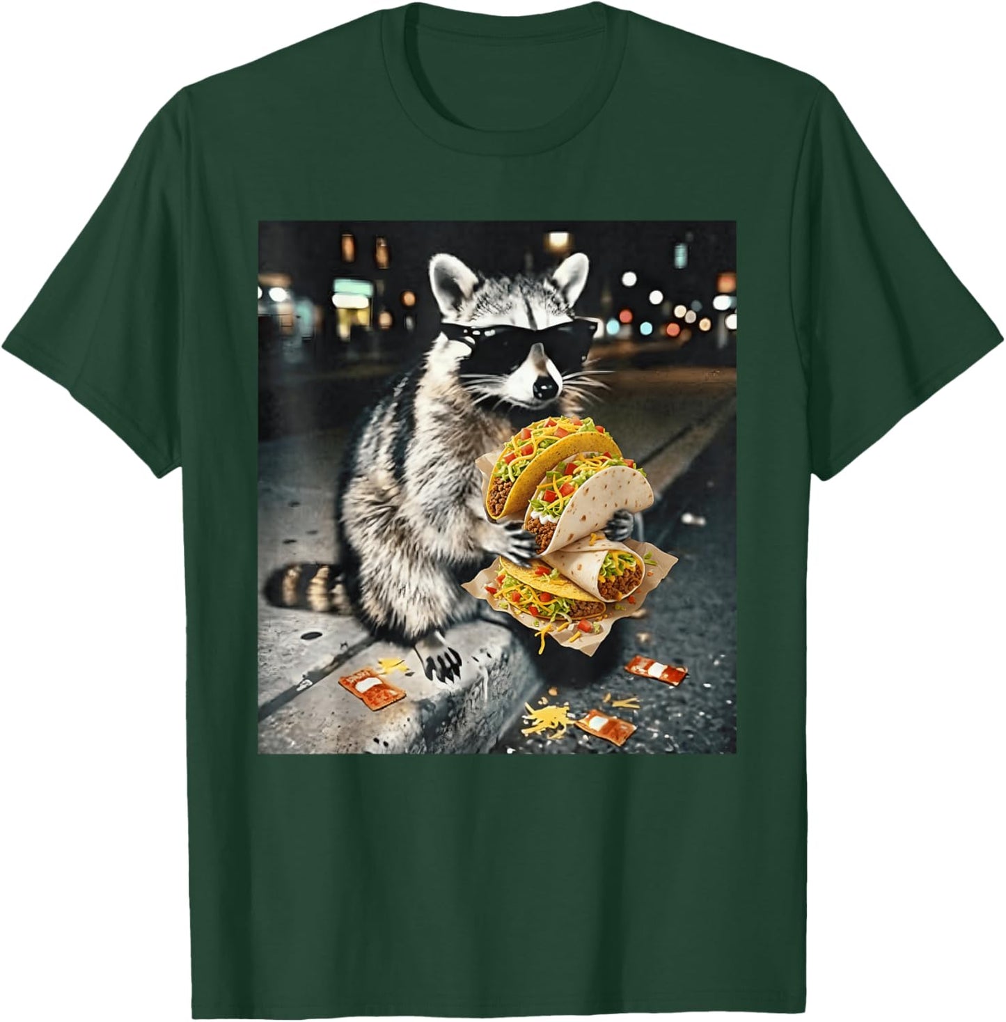 Cool Raccoon in Sunglasses Eating Tacos Street Food Animal T-Shirt - T-Shirt | Forest