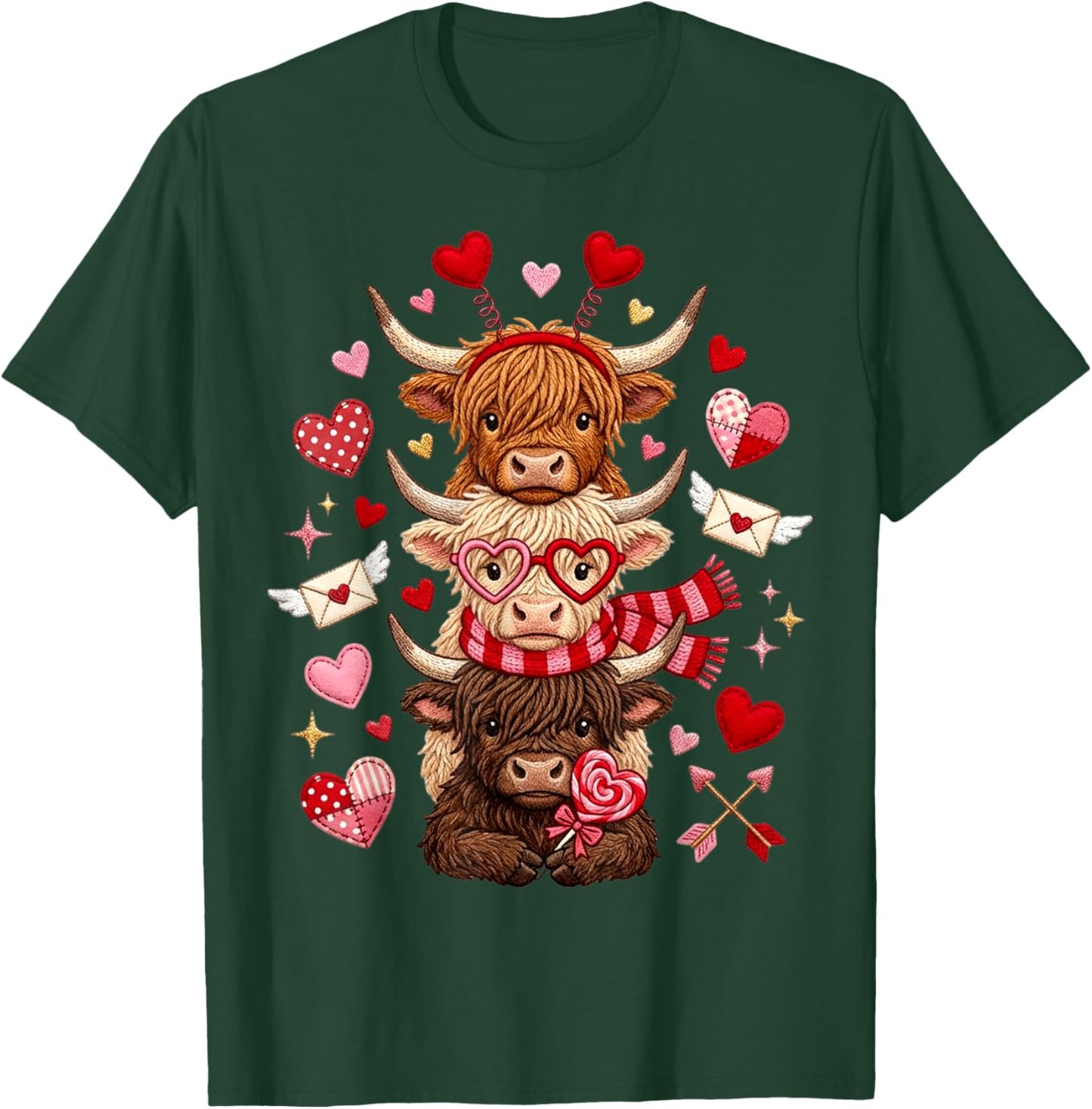 Scottish Cute Western Valentine Highland Cows with Hearts T-Shirt - T-Shirt | Forest