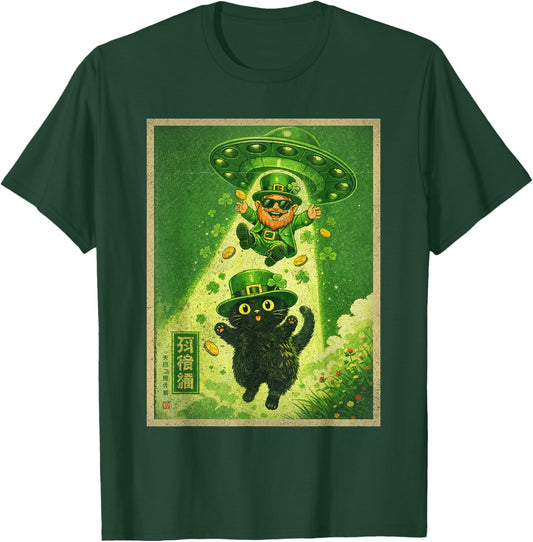 Leprechaun Japanese Cat Funny UFO St Patrick's Day T-Shirt - T-Shirt | Forest