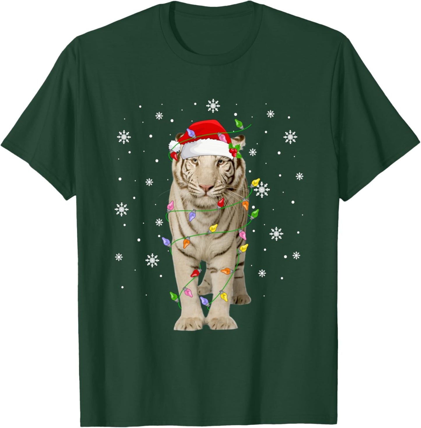 White Tiger Christmas Lights Funny Santa Animal Lover Xmas T-Shirt - T-Shirt | Forest