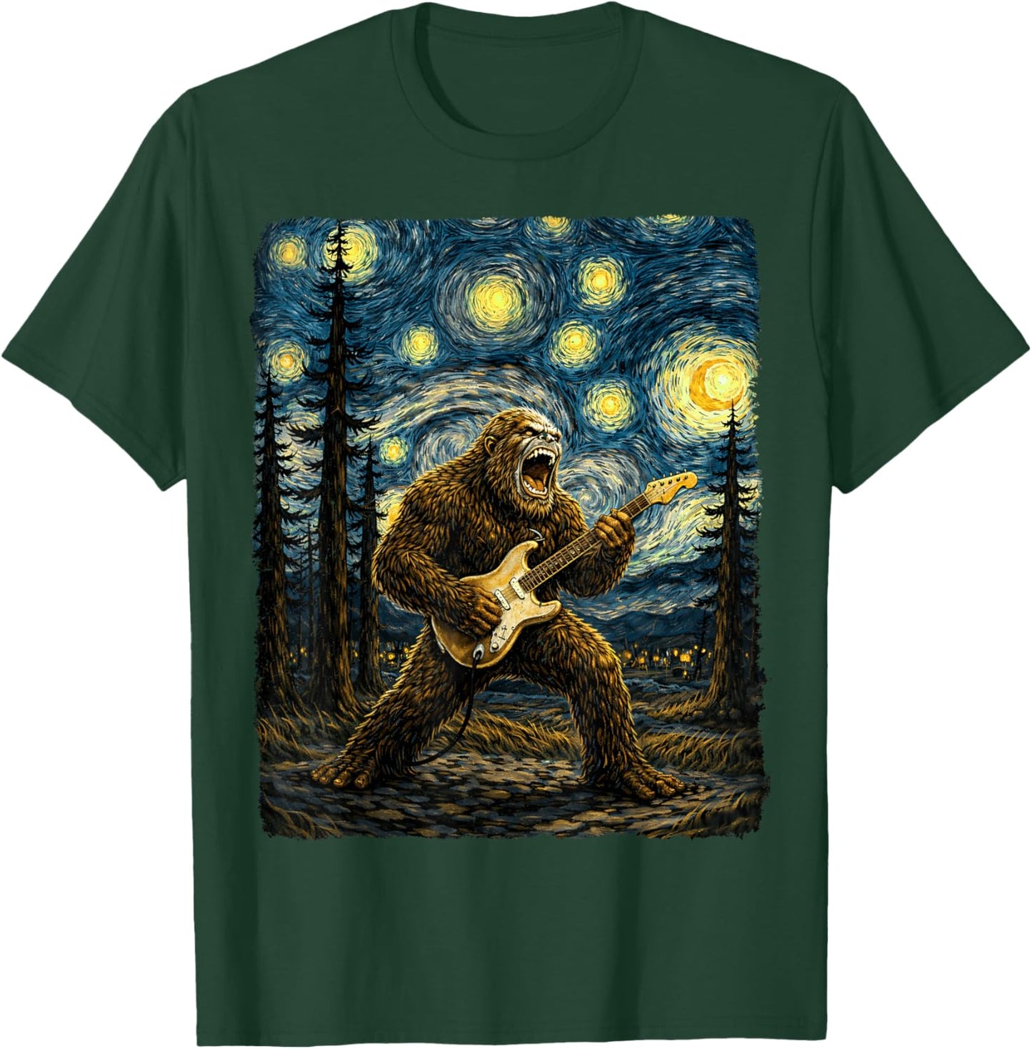 Bigfoot Playing Guitar in Starry Night Van Gogh Graphic T-Shirt - T-Shirt | Forest
