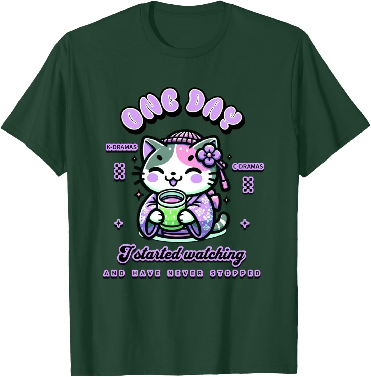 Cute Cat Watching K-Dramas and C-Dramas T-Shirt - T-Shirt | Forest