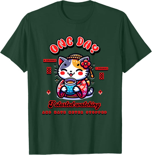 Cute Cat Watching K-Dramas and C-Dramas T-Shirt - T-Shirt | Forest