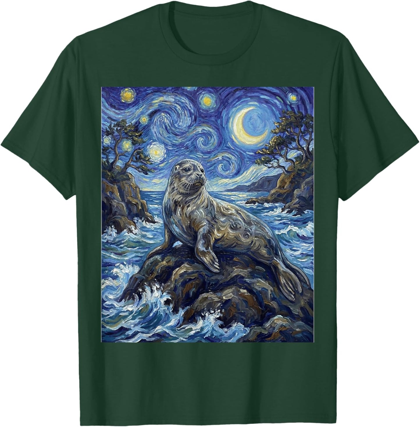 Seal Starry Night Art Painting Style Seal Sea Lion T-Shirt - T-Shirt | Forest