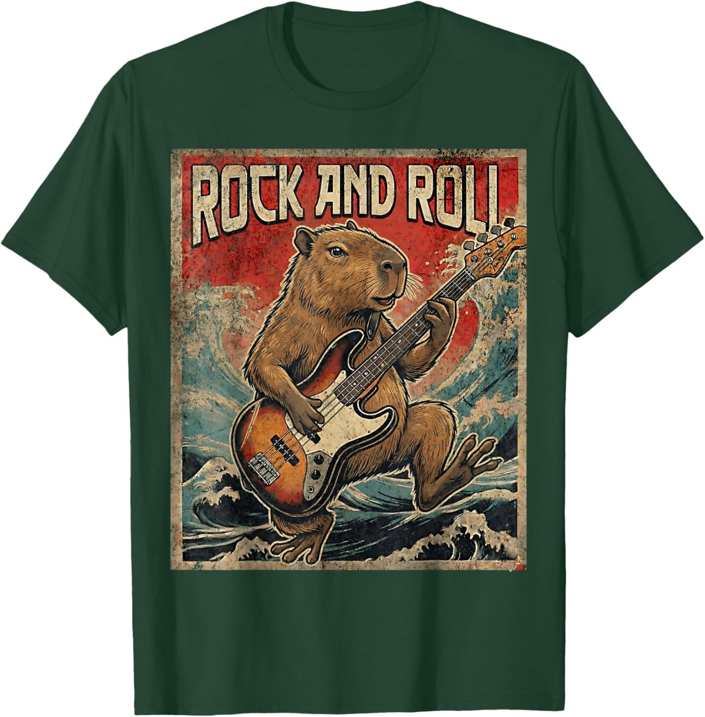 Capybara Playing Guitar Rock On Vintage Guitarist Capybara T-Shirt - T-Shirt | Forest