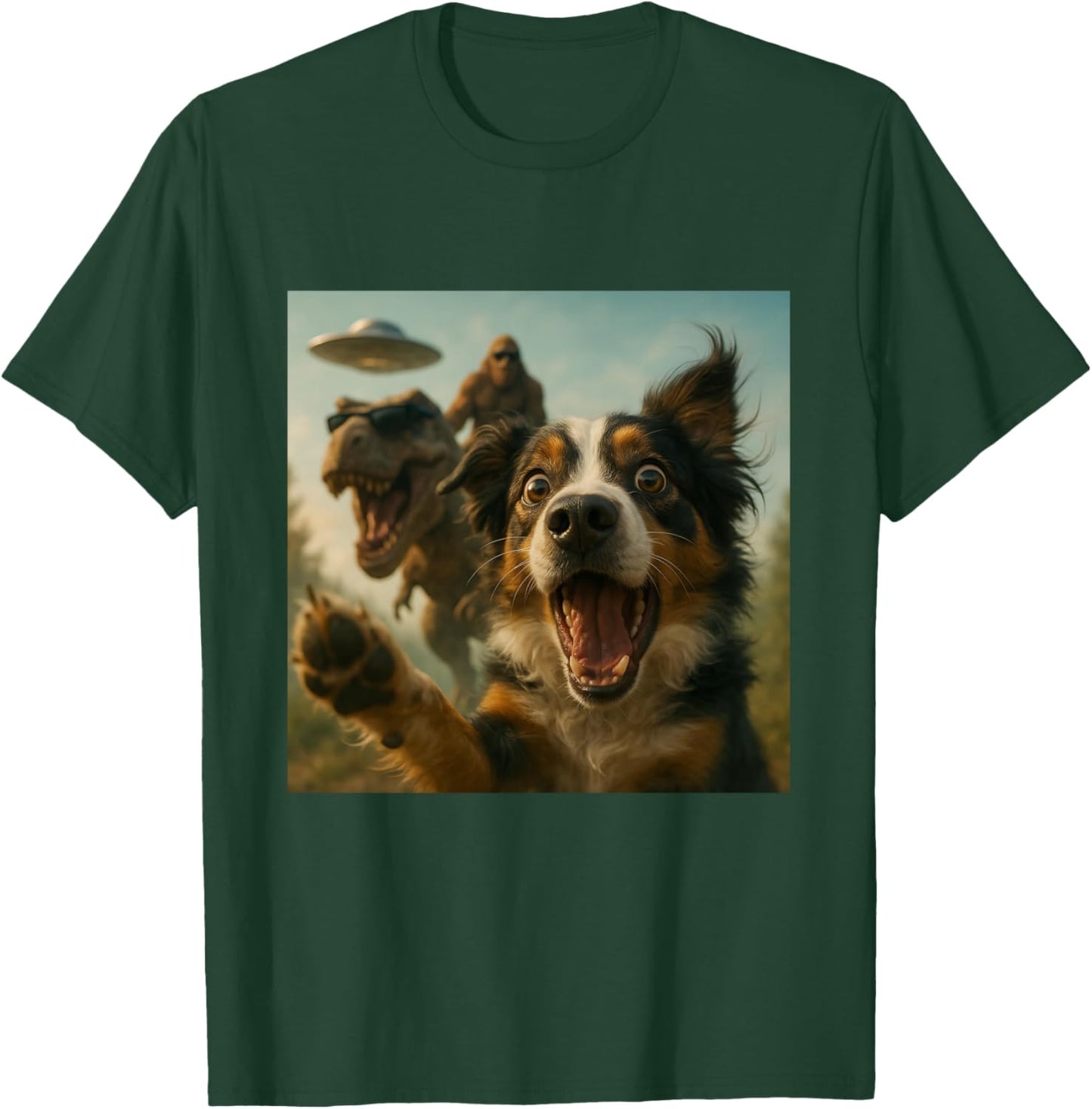Shocked Australian Shepherd Dog T-Rex Bigfoot UFO Selfie T-Shirt - T-Shirt | Forest