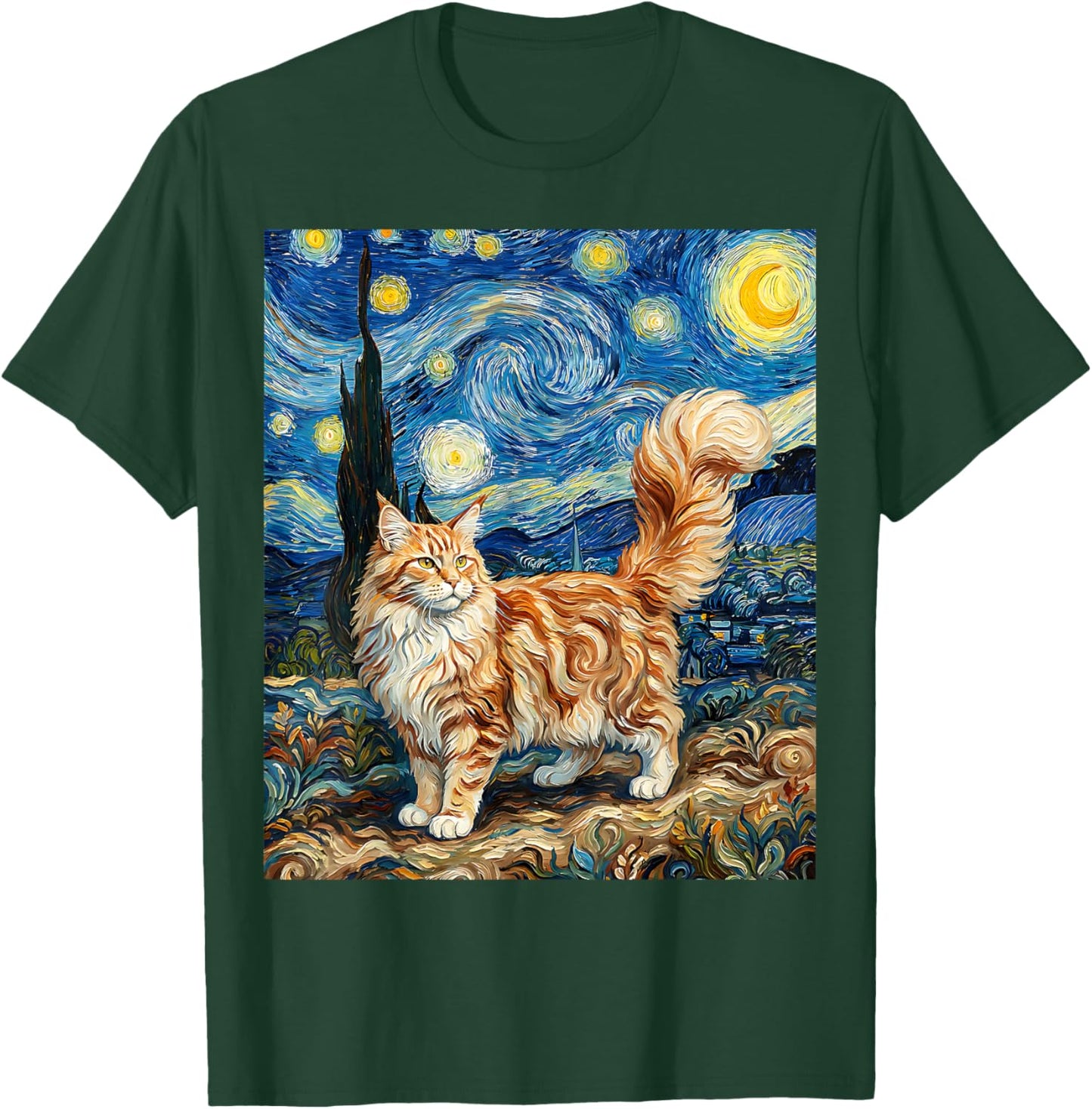 Maine Coon Cat Starry Night Van Gogh Inspired Cat Maine Coon T-Shirt - T-Shirt | Forest
