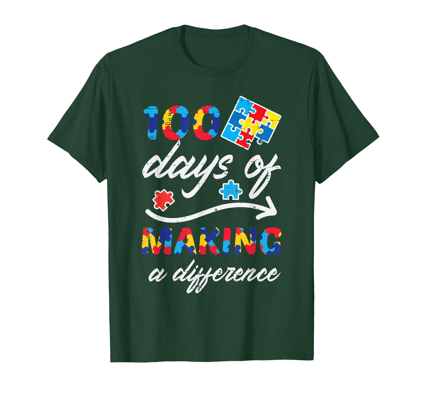 100 Days Making Difference Autism Puzzle 100th Day Teacher T-Shirt