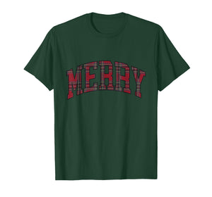 Merry Christmas Plaid Tartan Varsity Block Letter Women Kids T-Shirt