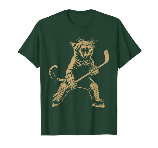 Cat Playing Hockey On Ice Fun Sports Cat Fan Vintage Design T-Shirt