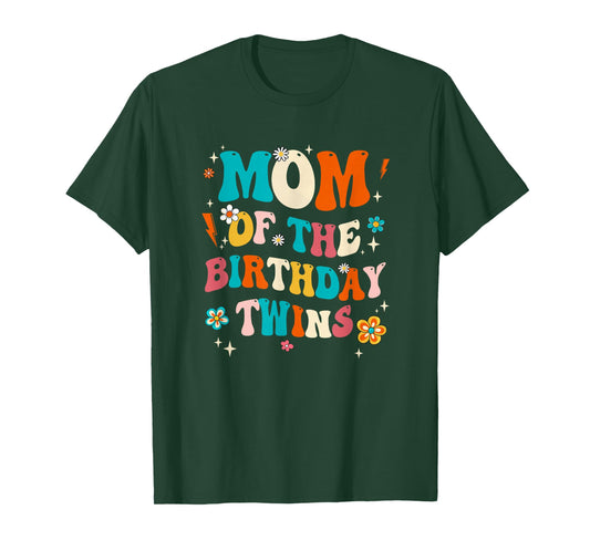 Mom of The Birthday Twins Boys Girls Party Retro Bday T-Shirt