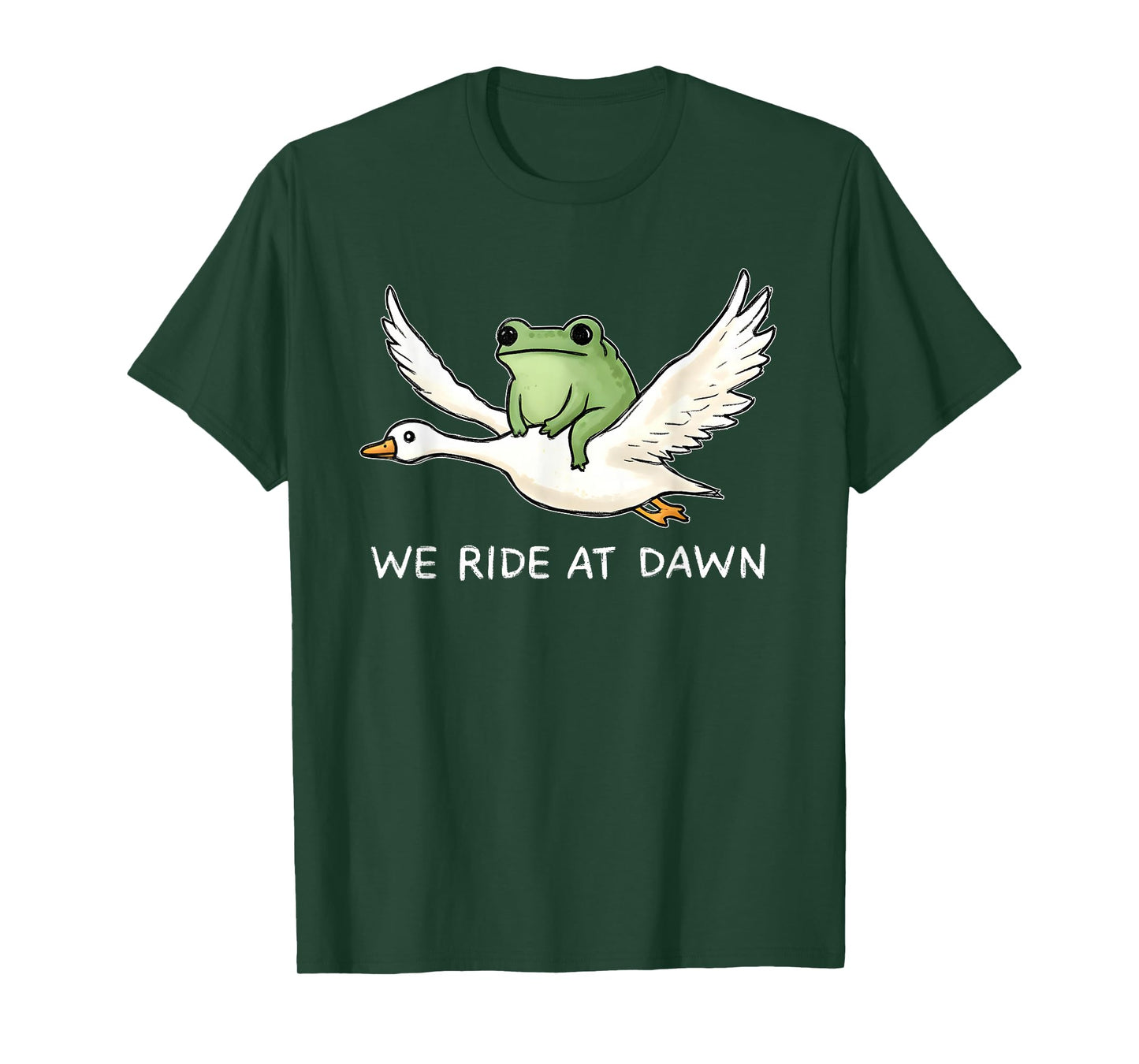 We Ride at Dawn Funny Frog Riding Goose Chaotic Animal T-Shirt