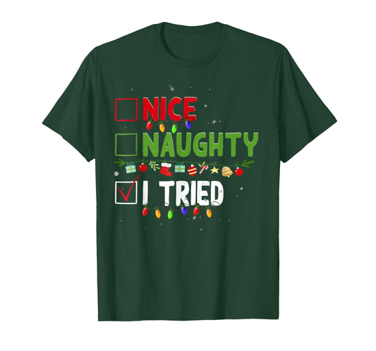 Nice Naughty I Tried Family Xmas Pajama Funny Christmas List T-Shirt
