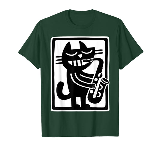 Black Cat Playing Saxophone Jazz Music Retro Art T-Shirt