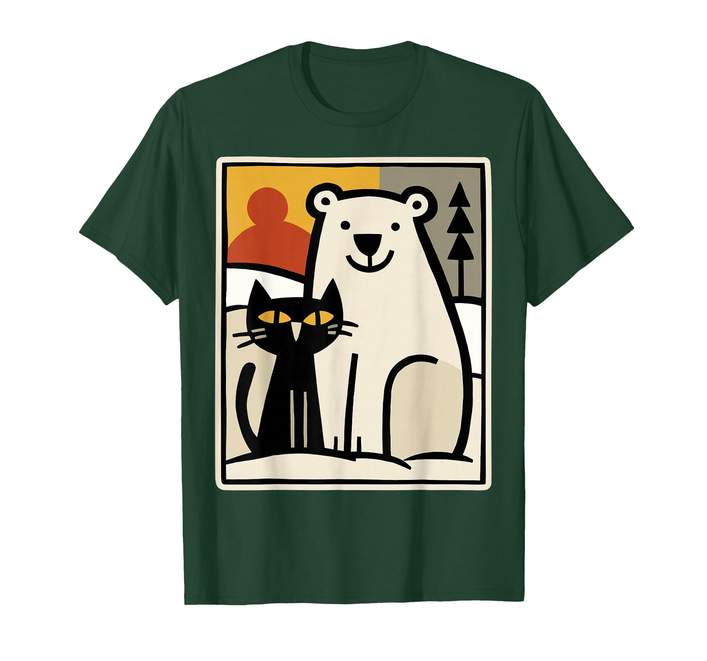 Black Cat and Polar Bear Winter Animal Cute Snow Art T-Shirt
