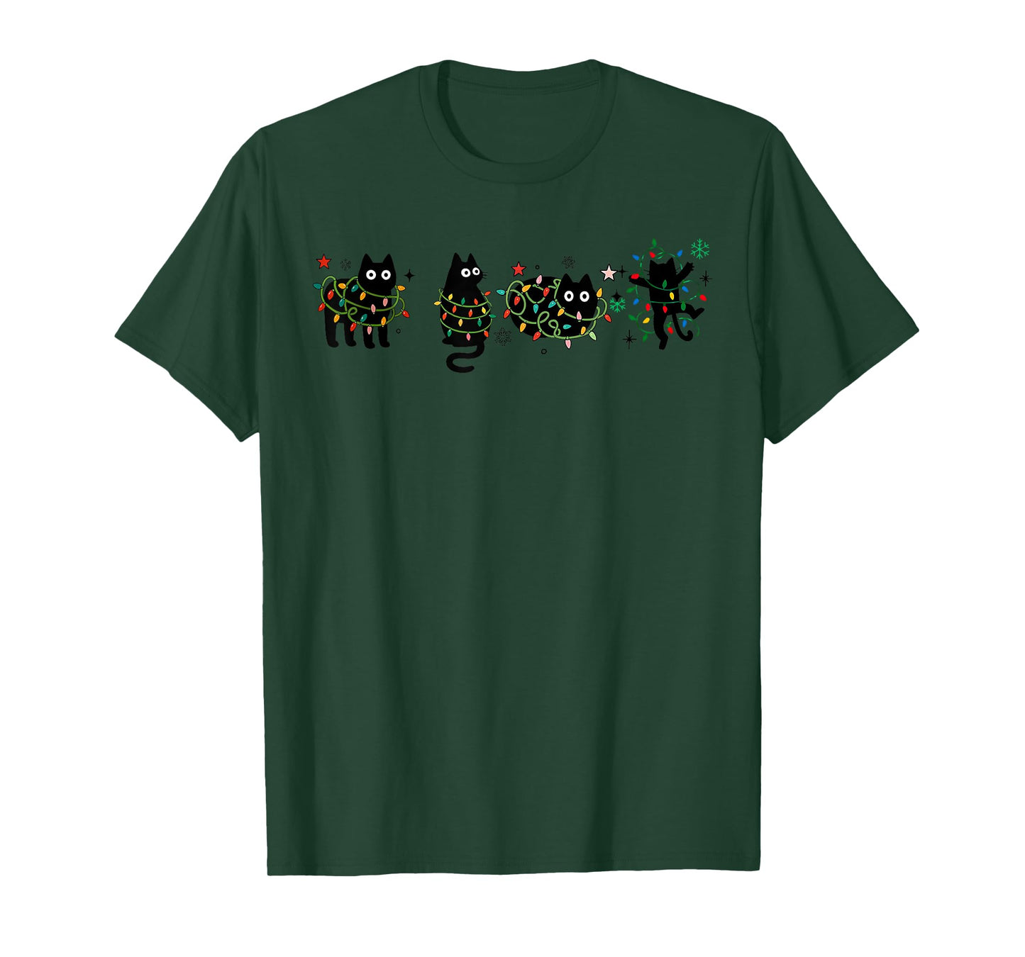 Meowy Christmas Xmas Lights Black Cat Pajamas Family Funny T-Shirt