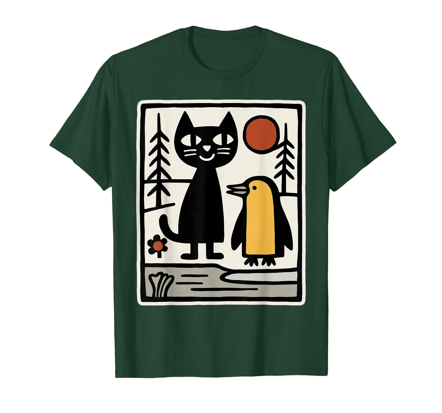 Black Cat and Penguin Winter Animals Cute Snow Scene T-Shirt