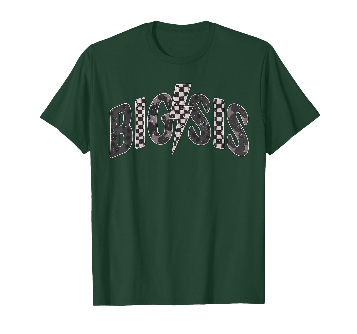 Checkered Big Sis New Sister Announcement Lightning Bolt T-Shirt