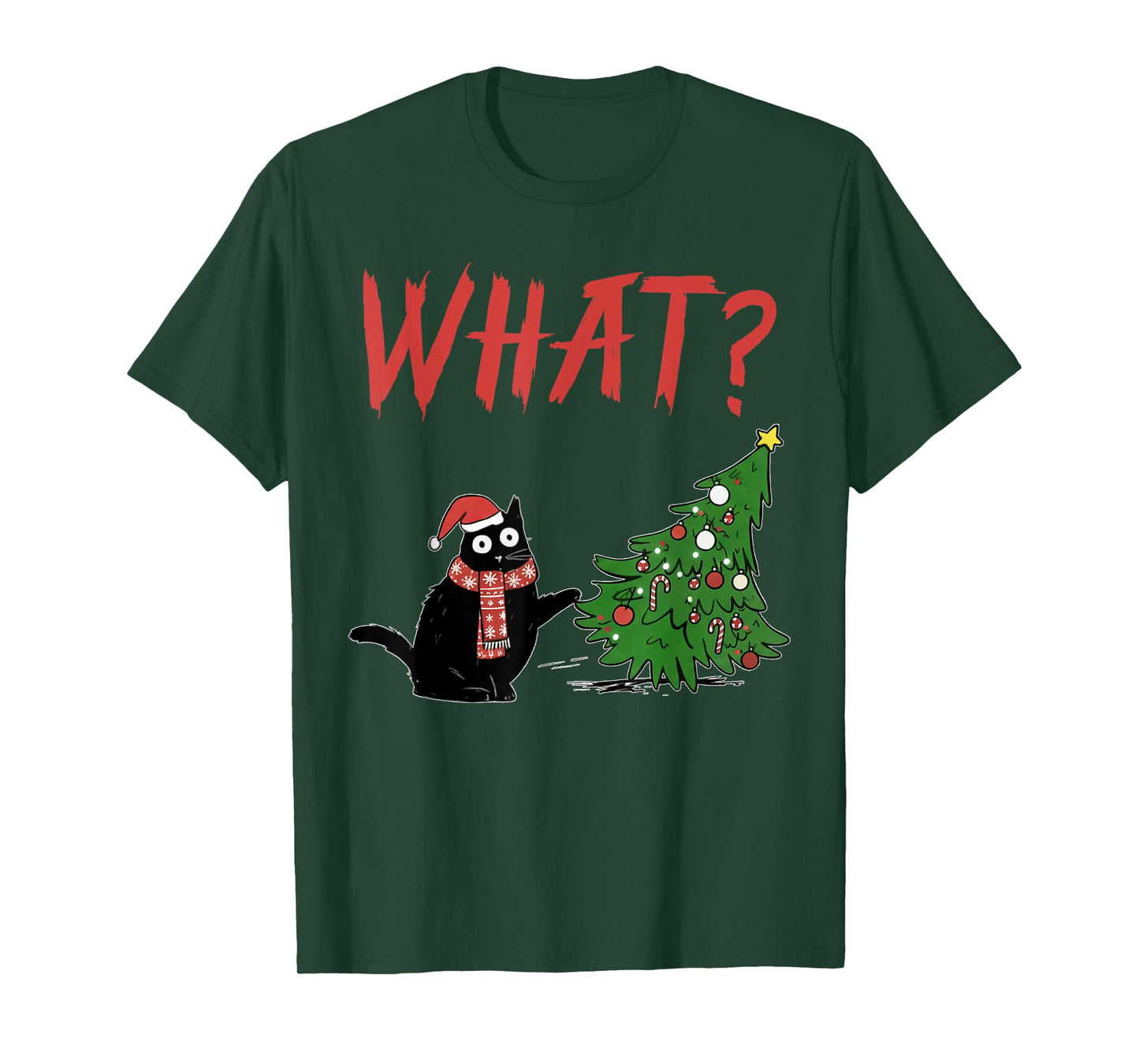 Funny Black Cat Gift Pushing Christmas Tree Over Cat What? T-Shirt