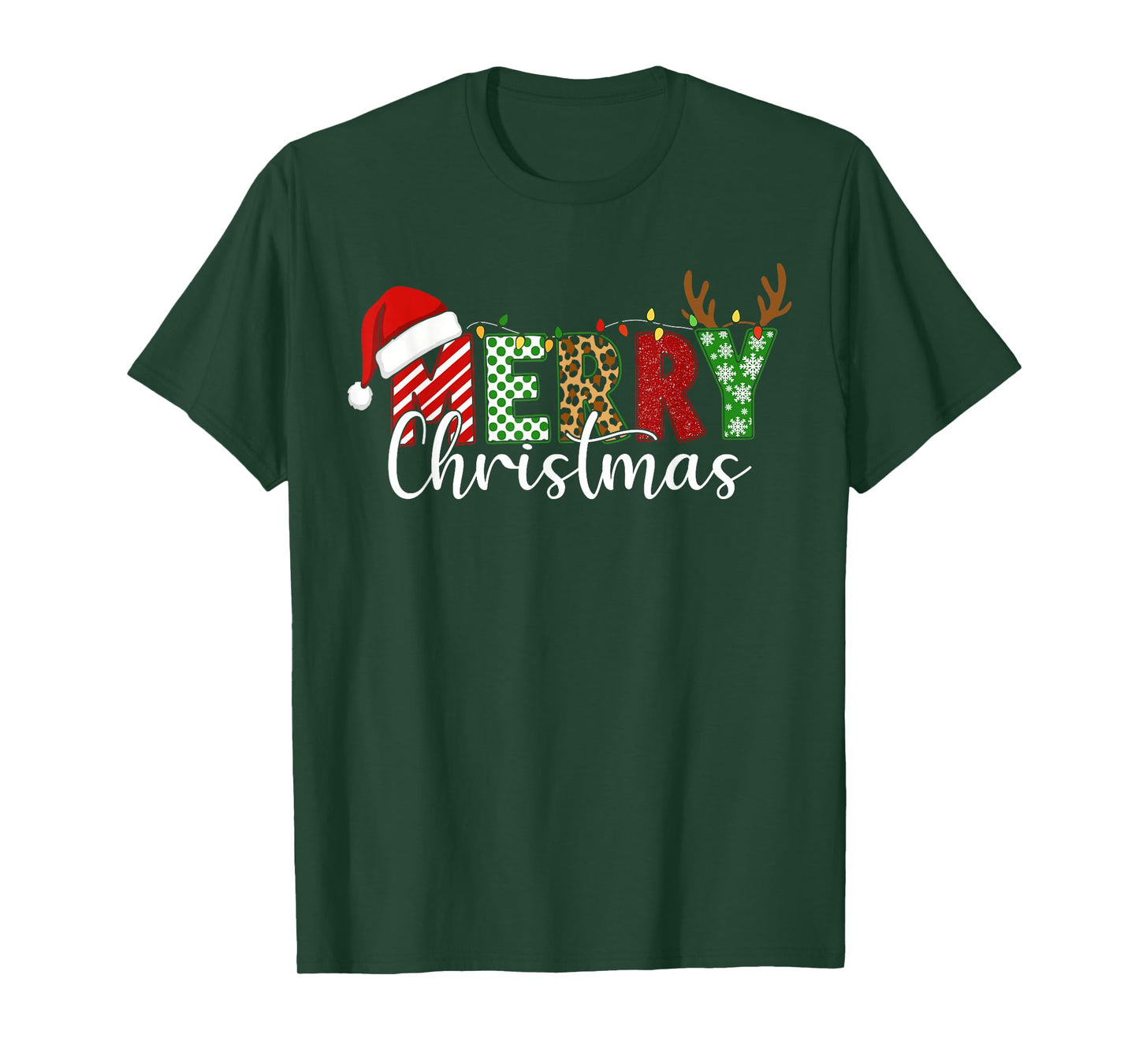 Merry Christmas Lights Red Santa Hat Xmas Family Men Women T-Shirt