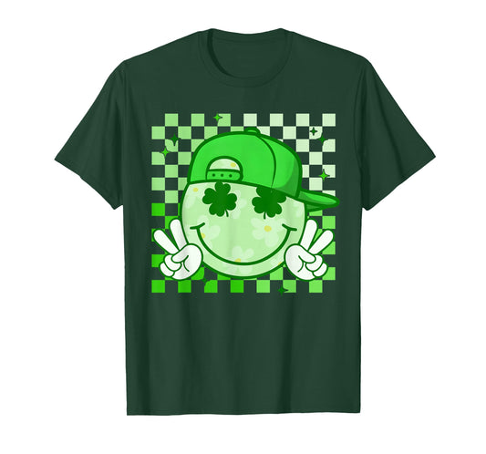 St Patricks Day Groovy Shamrock Smile Face Funny Men Kids T-Shirt