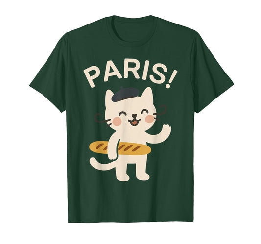 French Cat with Baguette Cute Cat Paris Funny Animal T-Shirt