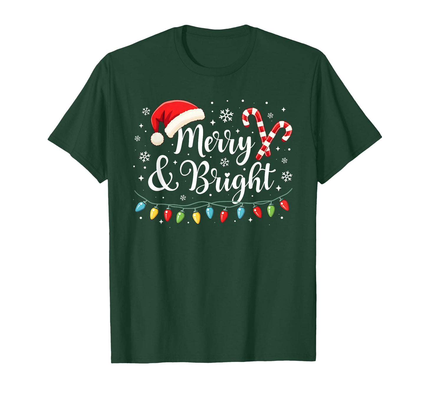 Merry and Bright Lights Red Santa Hat Xmas Family Men Women T-Shirt