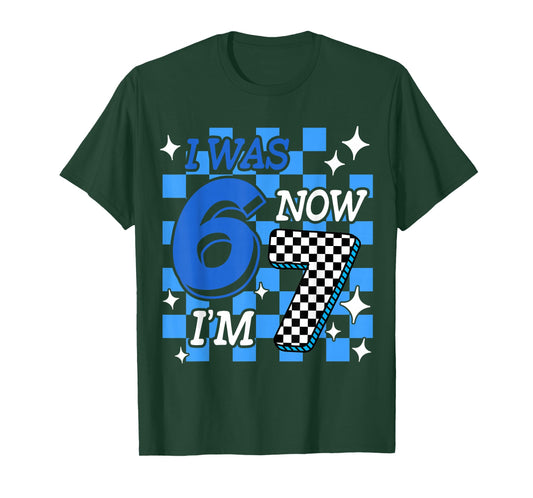 Blue Checkered I was 6 Now I'm 7 Birthday Boy Bday T-Shirt
