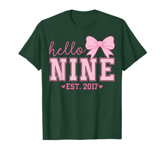 Hello Nine Est 2017 Coquette Bow 9th Birthday Girl T-Shirt