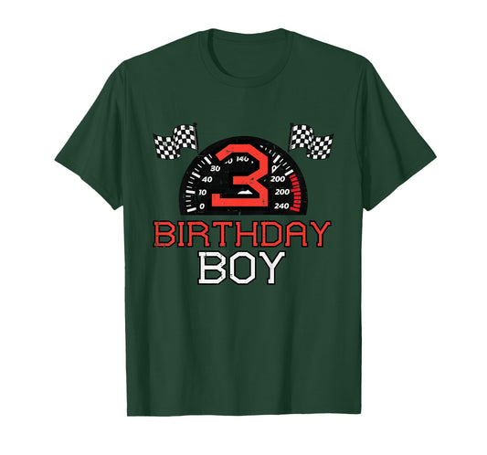 Kids 3 Birthday Boy Speedometer Race Flag 3rd Bday Boys Kids T-Shirt