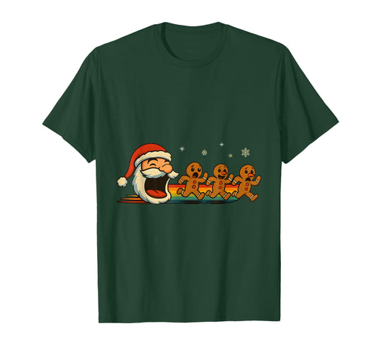 Retro Santa Chasing Gingerbread Funny Christmas T-Shirt