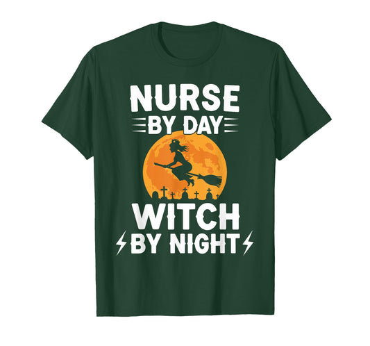 Nurse by Day Witch by Night Funny Halloween Spooky Season T-Shirt