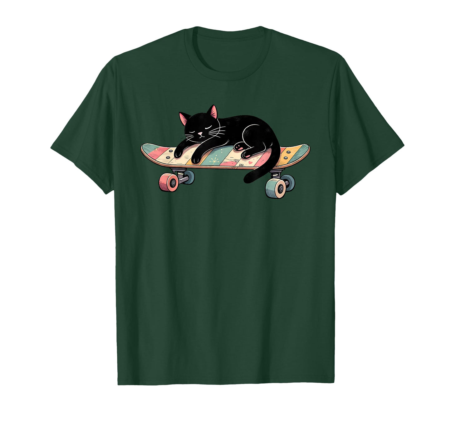 Funny Black Cat Sleeping On A Skateboard Skateboarding T-Shirt