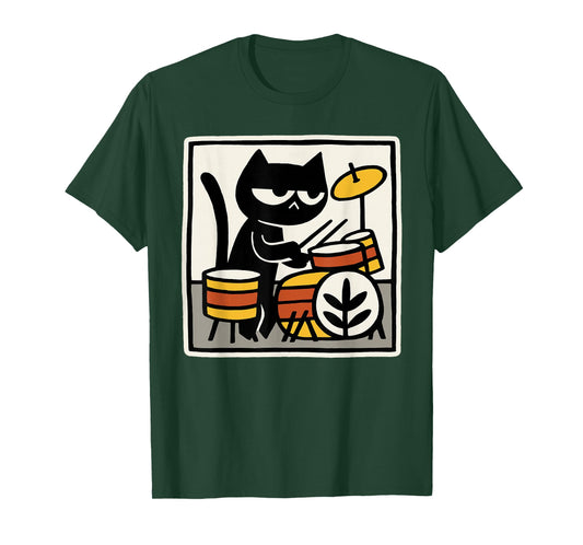 Black Cat Drummer Folk Art Drums Drumming Illustration T-Shirt