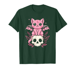 Pastel Goth Aesthetic Cute Kawaii & Creepy Bat Cat on Skull T-Shirt