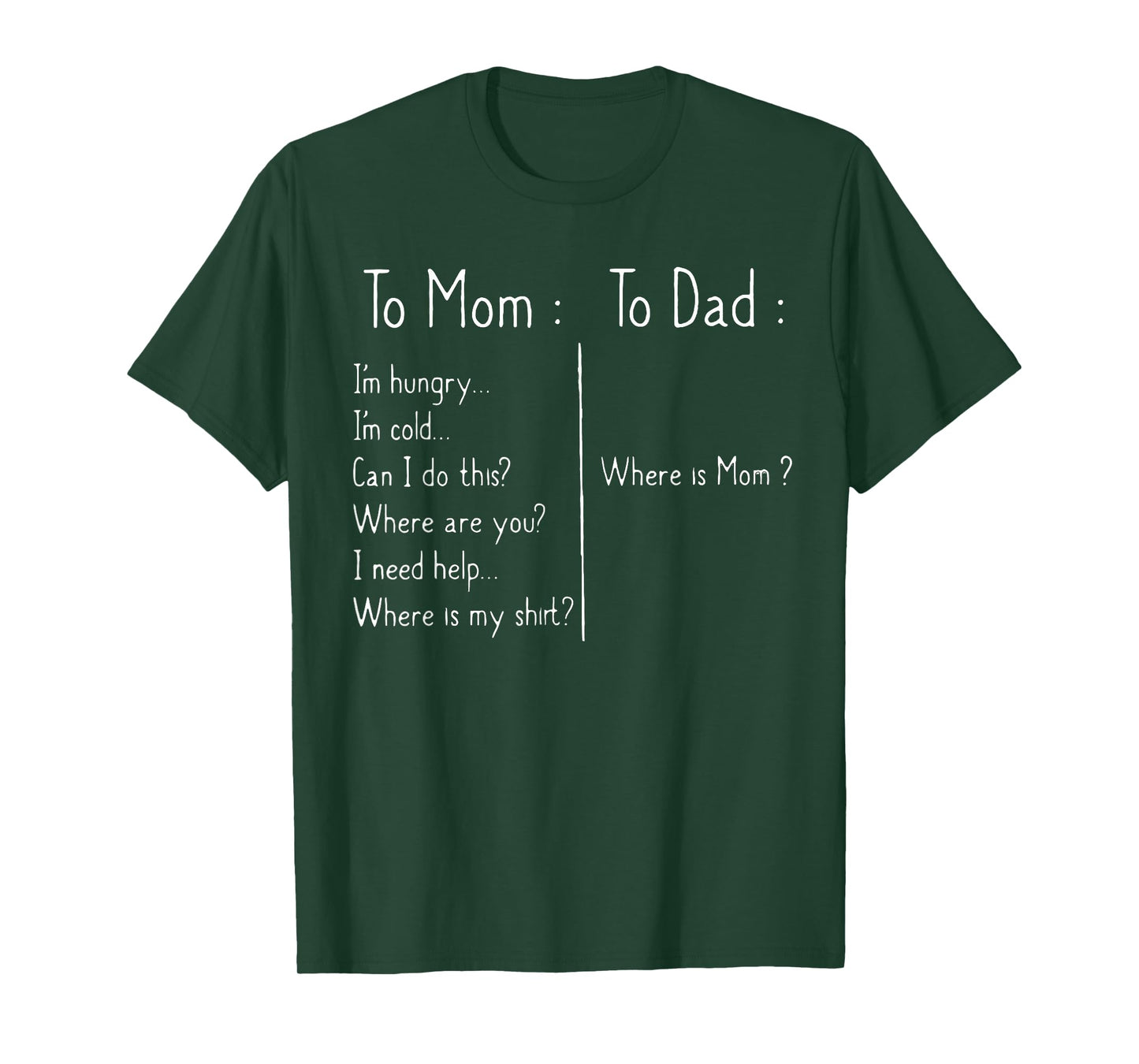 to Mom I'm Hungry I'm Hot I'm Cold to Dad Where is Mom Funny T-Shirt