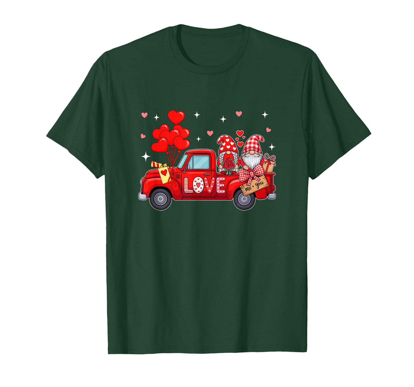 Couple Gnomes On Red Pickup Truck Valentine Floral Hearts T-Shirt