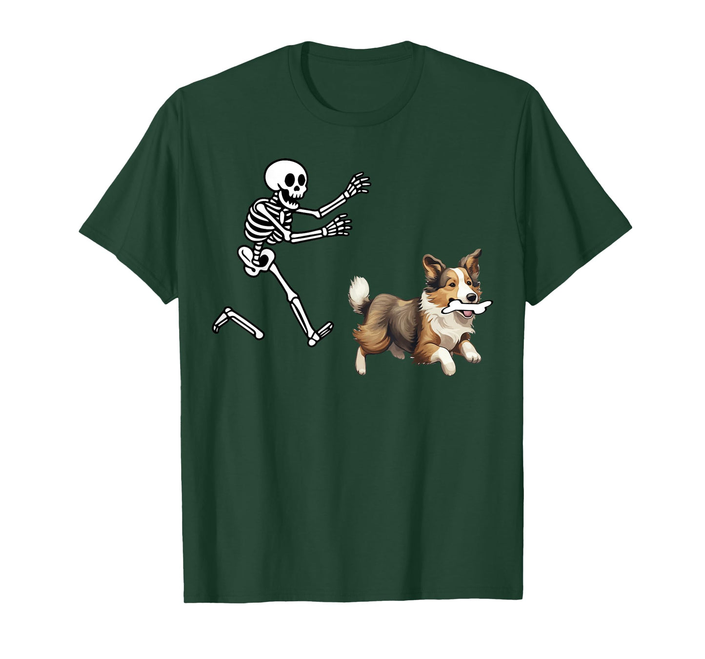 Funny Sheltie Running Skeleton Halloween T-Shirt