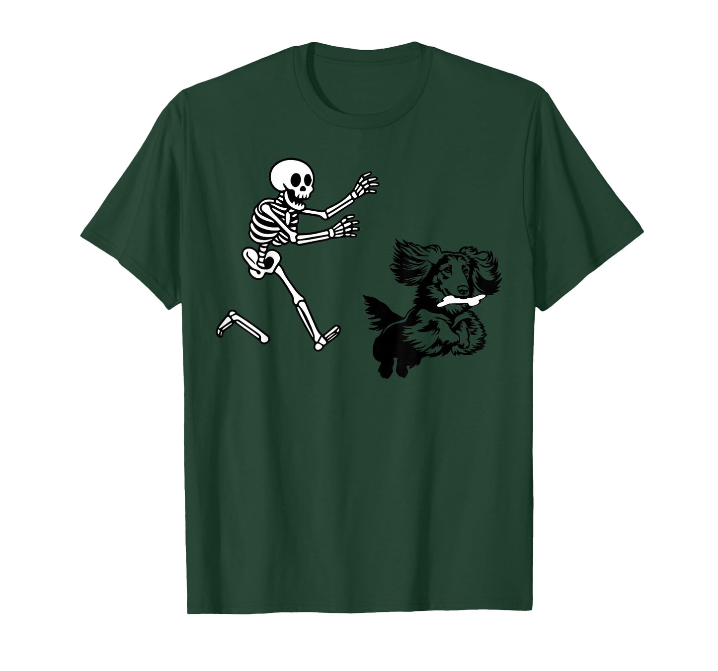 Funny Long haired Dachshund Running Skeleton Halloween T-Shirt