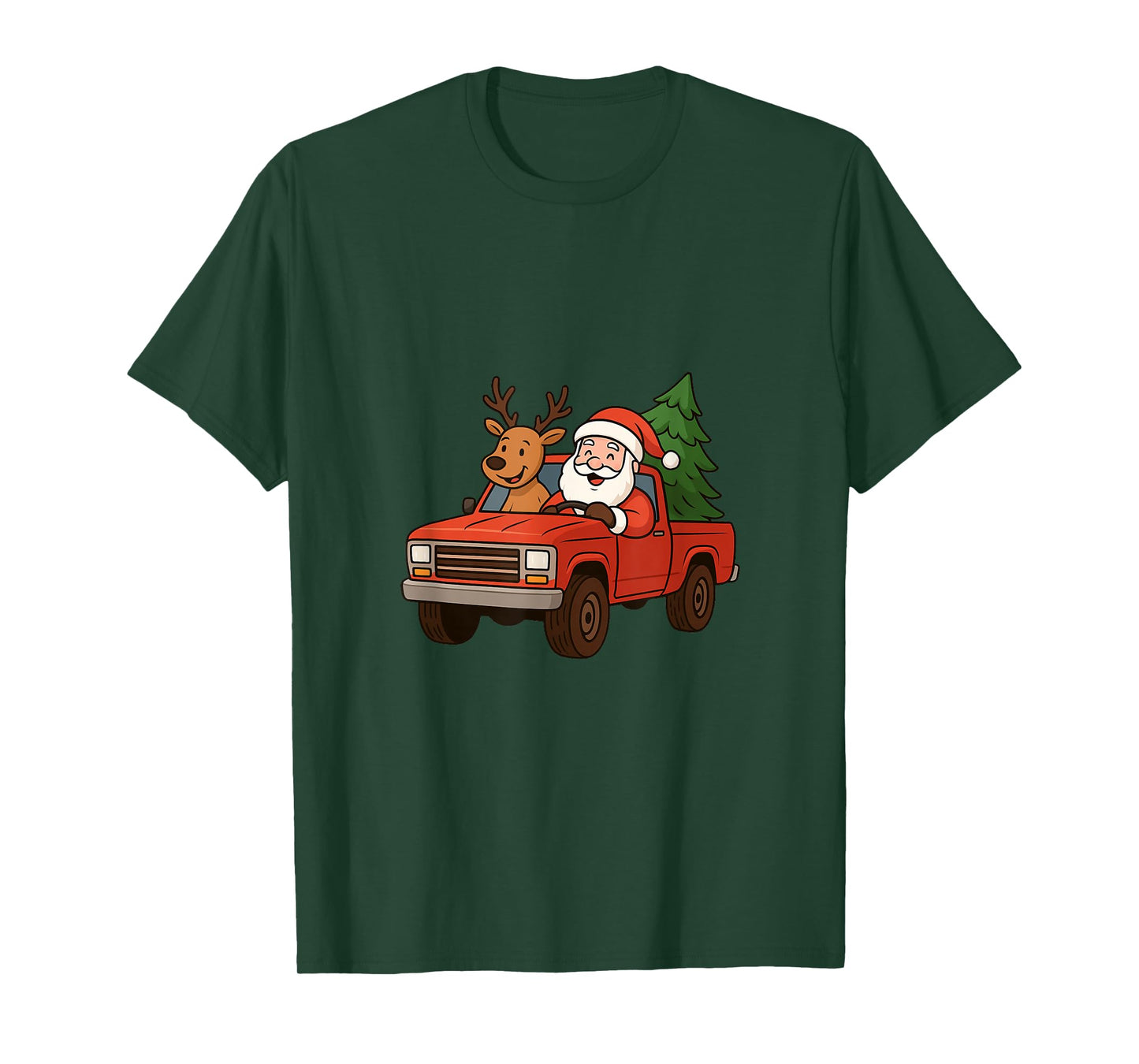 Red Christmas Truck Santa Claus and Reindeer Cartoon T-Shirt